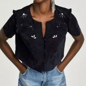 Zara blue velvet button down top